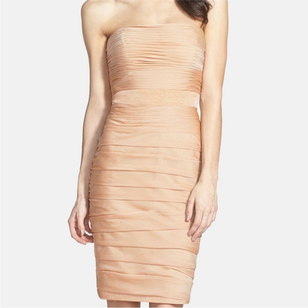 Monique Lhuillier Light Tan/Goldish Ruched Strapless Cationic Chiffon Dress 6